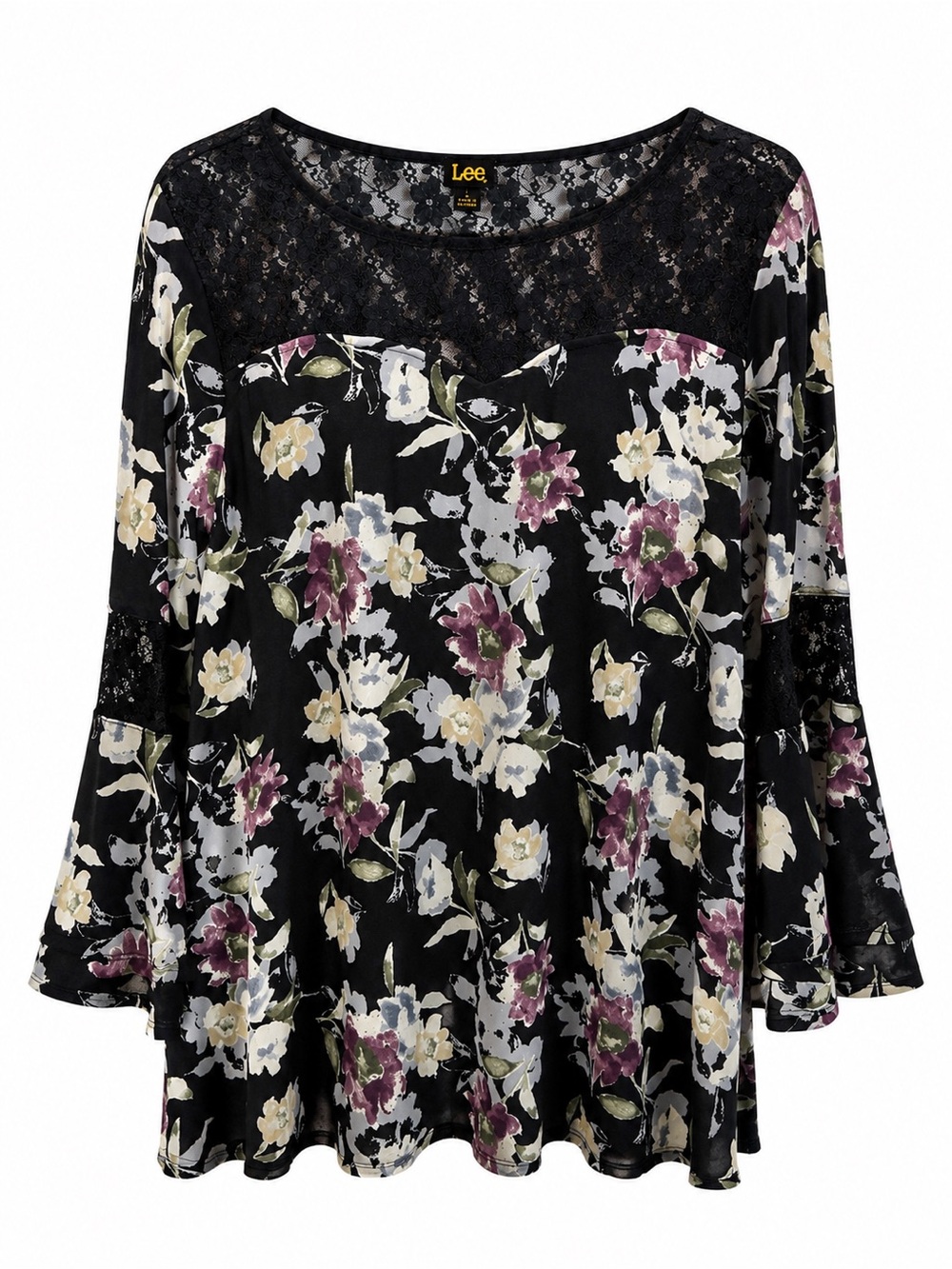 Women’s Boho Floral Top Lace Trim Bell Sleeve Pullover Size Large Casual